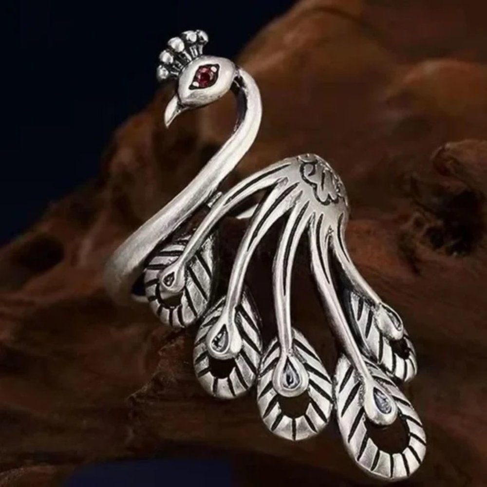 Antiqued  Style Silver Tone Peacock Cuff Ring